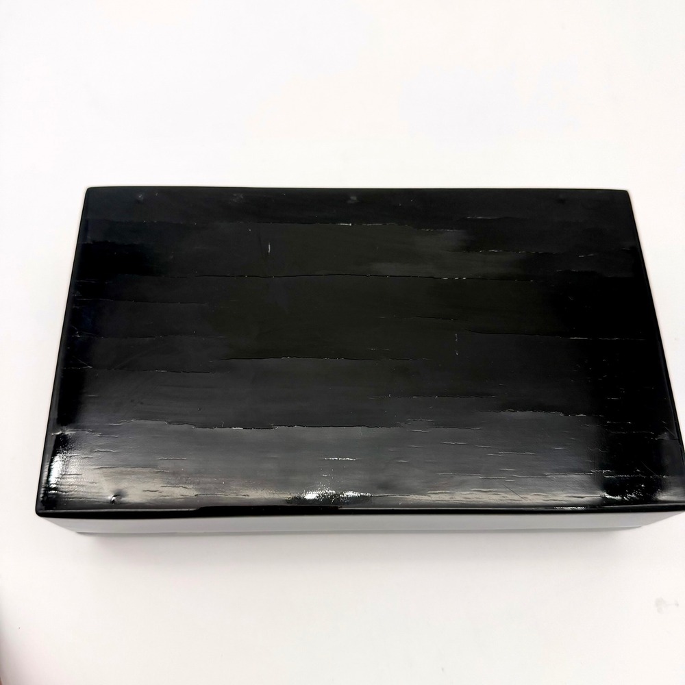 Vintage Asian Black Lacquer Jewelry Box Hand Painted Red Velvet Mirror 7.5" - Picture 8 of 13
